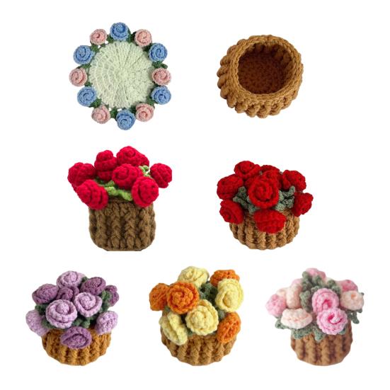 Вязаная подставка под чашку в виде цветка Ручная работа Подставка в виде розы Подставка в виде горшечных цветов Декоративная подставка в виде букета роз с корзинкой Подарок для семьи, друзей, любителей цветов