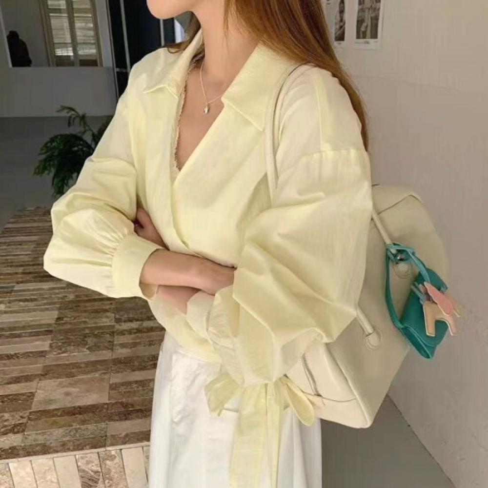 Shop Women Lace Collar Neck Ribbon Blouse Yellow 21ds Wbl 4255