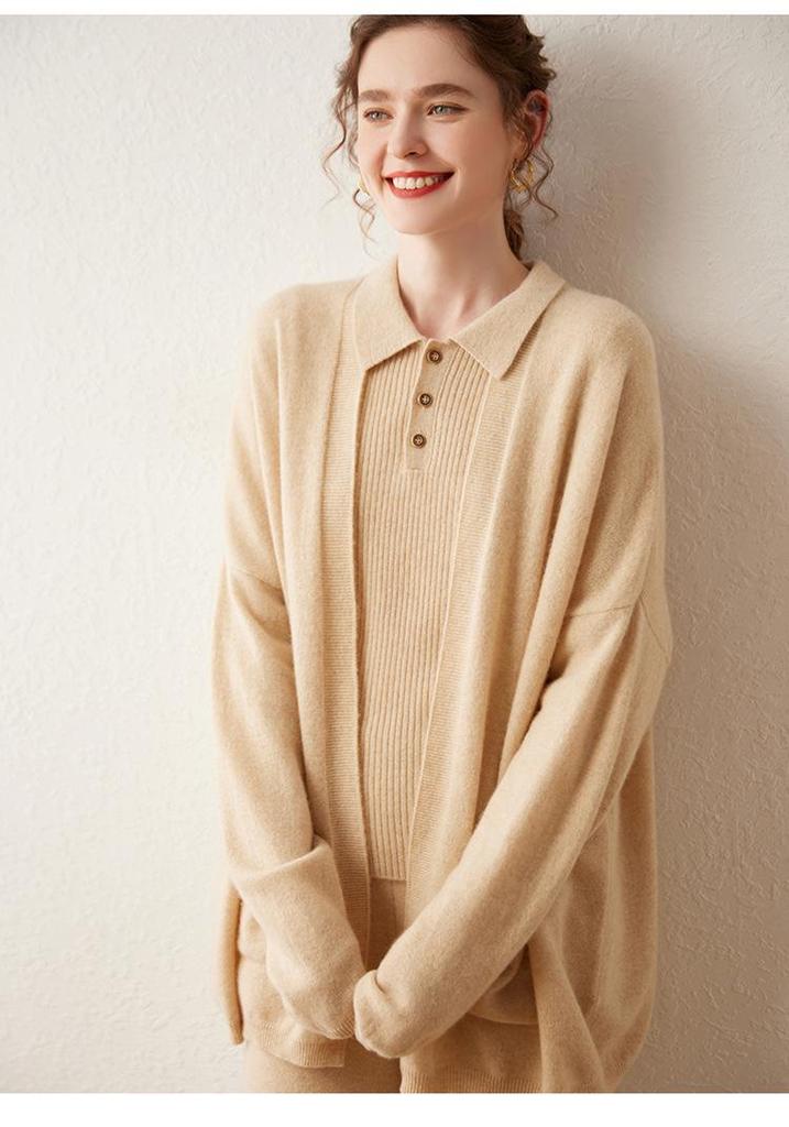 Women's Cashmere Polo Collar Ribbed Sweater – Long Sleeve, Button Closure, Perfect for Autumn and Winter
