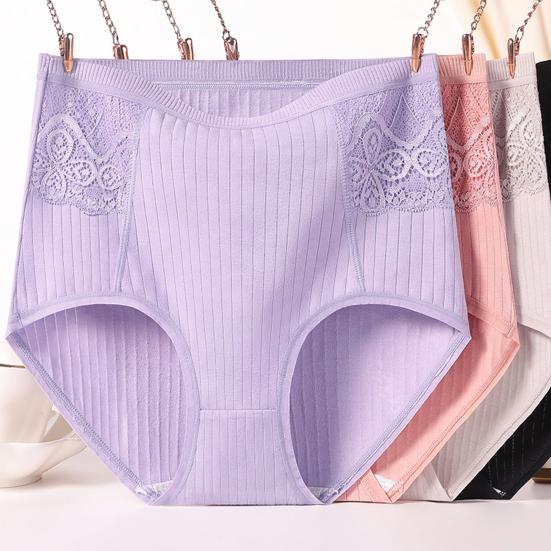 Lace Stitching Ribbed Hip Lifting Women Briefs High Waist Control Belly Underpants