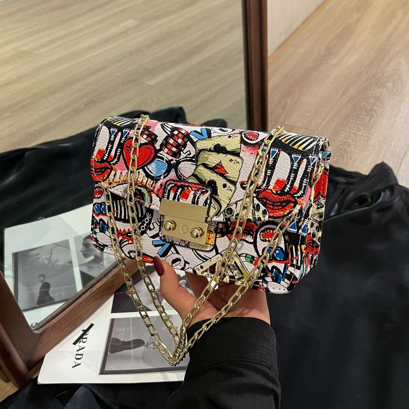 Женская мода Граффити Маленькая сумка 2024 Лето Дамы Клапан Телефон Вечерний Клатч Кошелек Сумки Через Плечо Для Женщин Цепи Сумки На Плечо