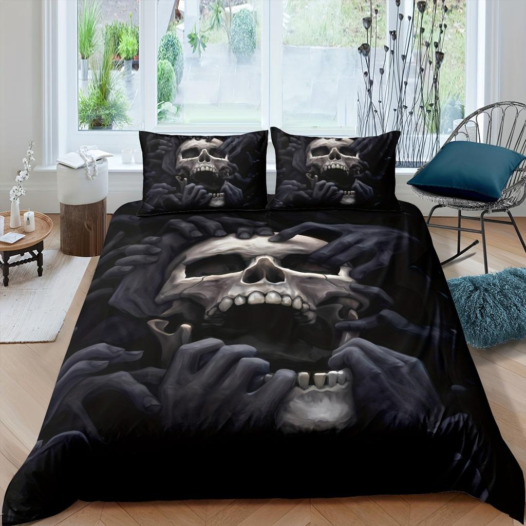3pcs 3D Skull Printed Duvet Cover Set, Soft Cozy Anime Bedding Set For Bedroom & Guest Room, Home Bedding
