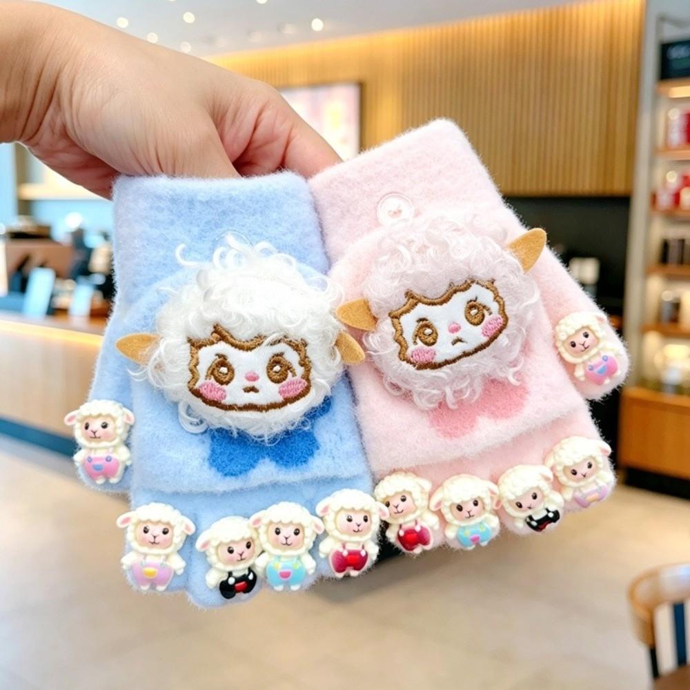 Plush Fingerless Gloves Fleece Lined Half Finger Gloves Gifts Flap Cover for Girls