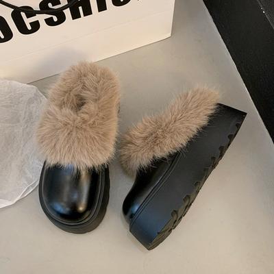 Меховые балетки женские тапочки на платформе плюшевые мюли туфли на высоком каблуке с открытой пяткой шлепанцы зимний тренд повседневные нескользящие Zapatos Mujer