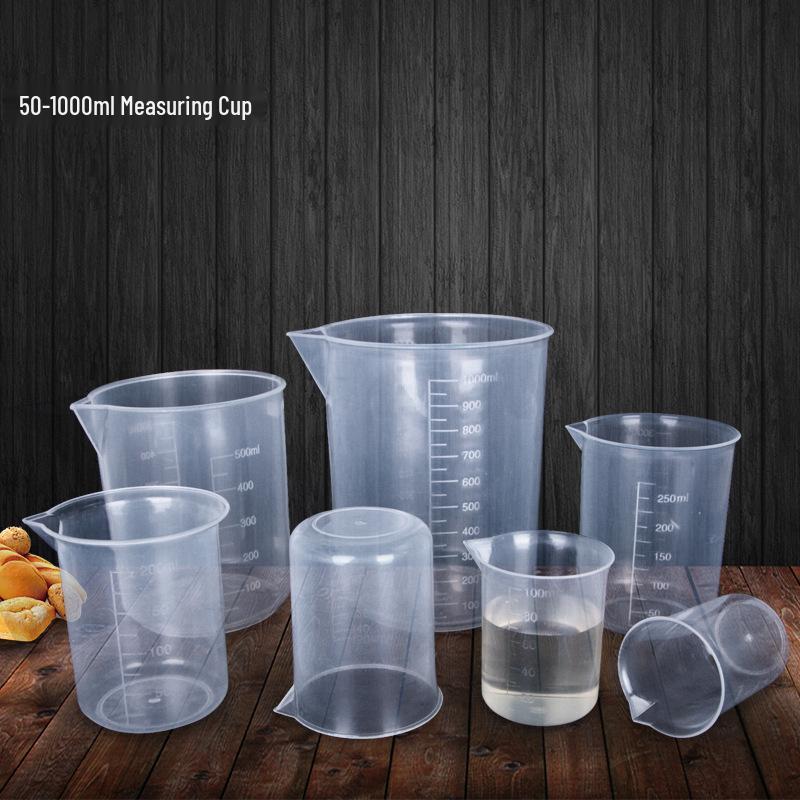 Plastic Beaker Set: 50ml Beaker, 100ml Graduated Cylinder, 500ml Beaker, 1000ml Double-Sided Graduated Cup