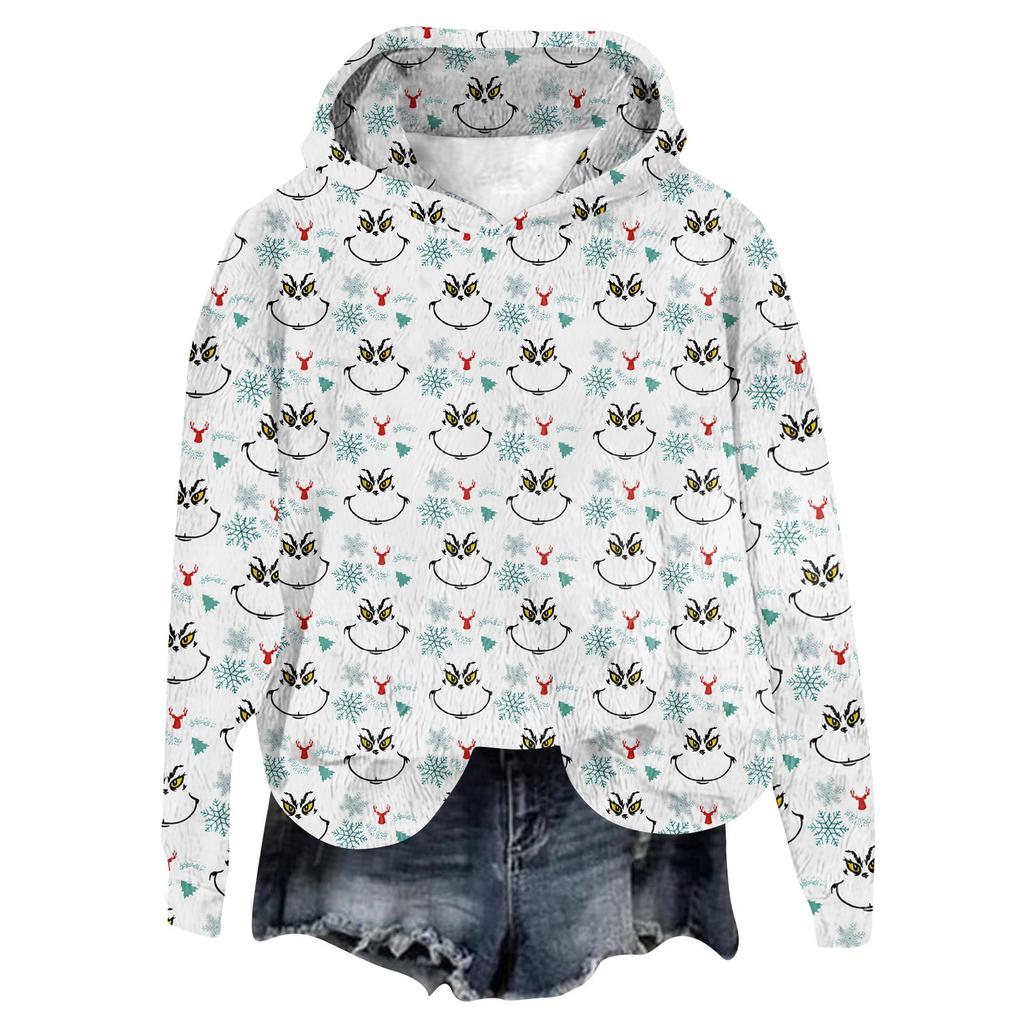 Women's Hooded Long Sleeve Christmas Printed Flannel Top Hooded Sweatshirt