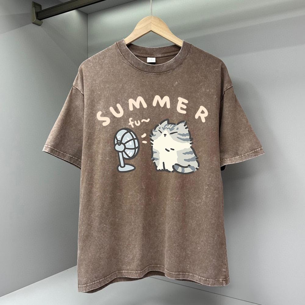 Футболки с принтом мультяшного кота, дующего в вентилятор, для мужчин, модная одежда с круглым вырезом, футболка большого размера, дышащая футболка