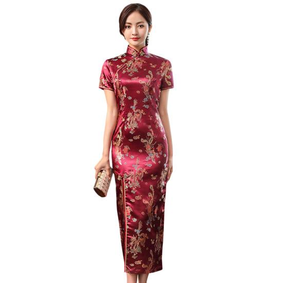 Cheongsam с принтом, длиной до середины икры, облегающее женское платье с узором Дракона и Феникса, элегантное платье с разрезом