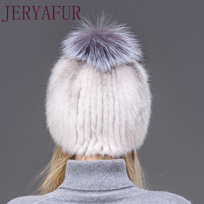JERYAFUR Модная зимняя шапка, теплая женская вязаная шапка, норковая шапка с вертикальным тканым лисьим помпоном, лыжная шапка