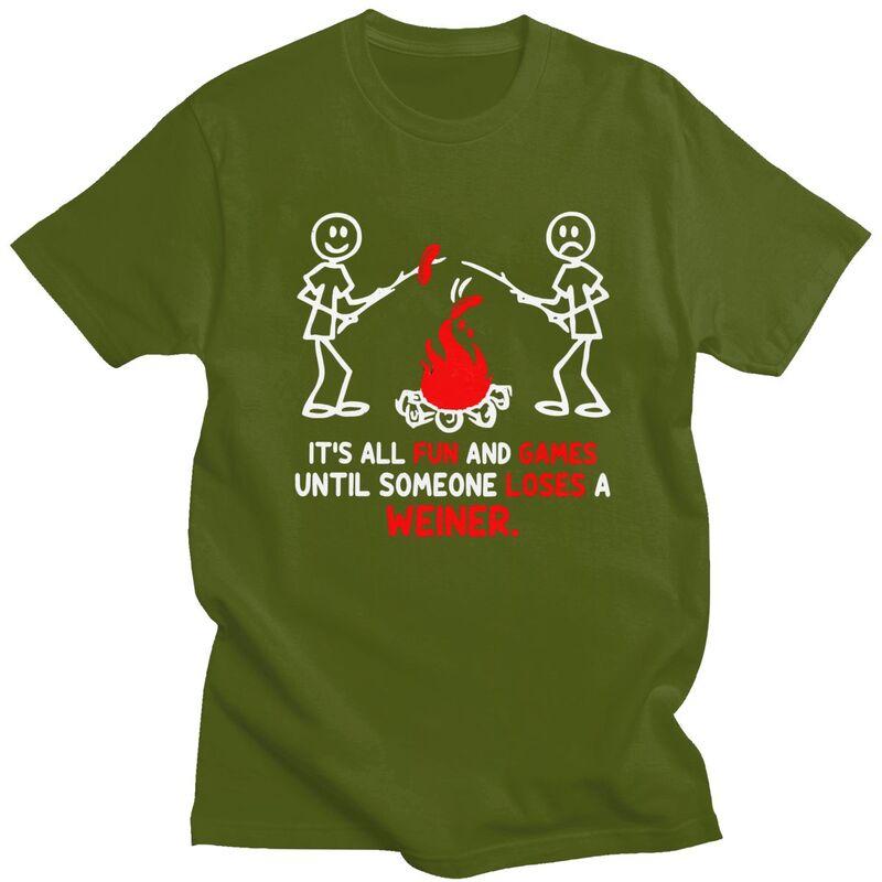 Custom Funny Camp Fire And Weiner Quote T Shirts for Men 100 Cotton Tees Adventure Camping Tshirts Short Sleeve Fashion Tshirt