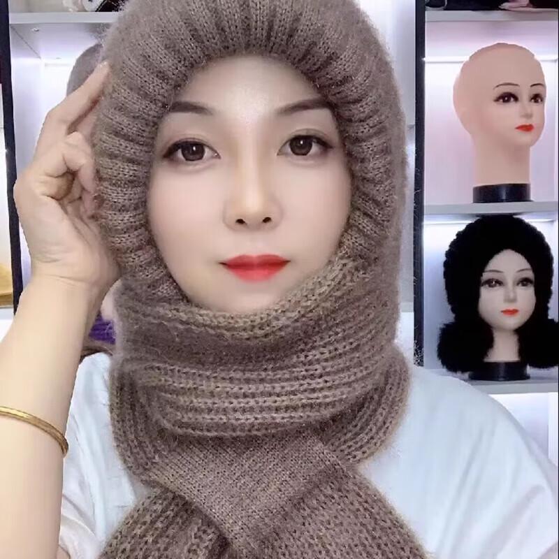 Women's Warm Knitted Beanie with Integrated Scarf