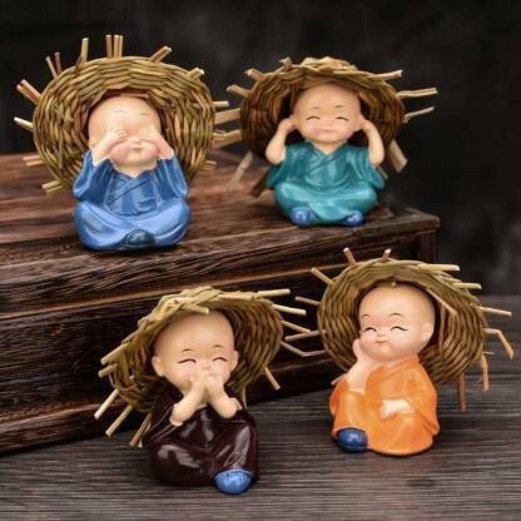 Set of 4 Baby Monk Hat Buddha Figurines - for Car Dashboard Home Decor Office Decor Gifting for Pregnant Women Diwali Decor Vaastu Decor Fengshui