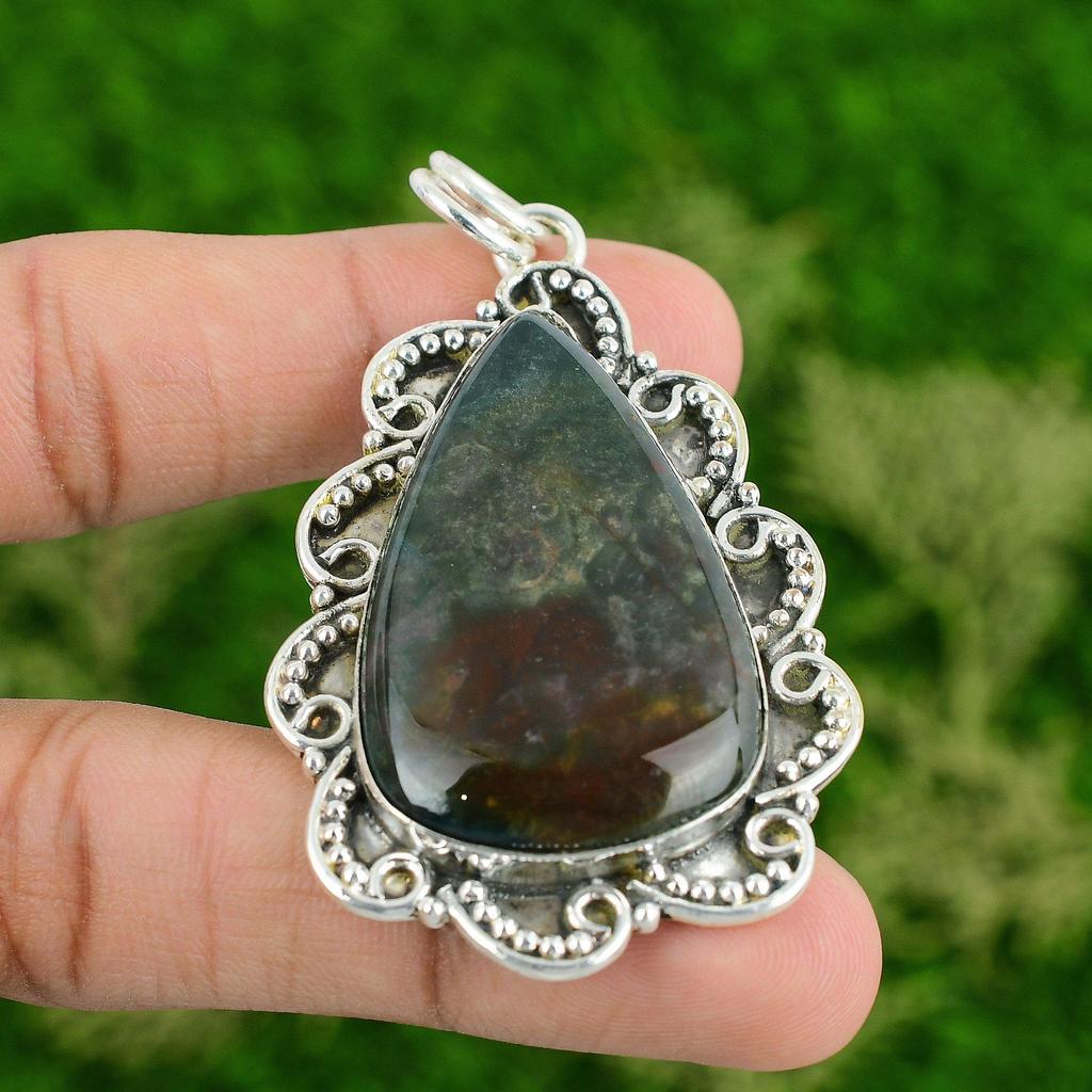 Sterling Silver Bloodstone Stone March Birth Daughter Engagement Bezel Pendant