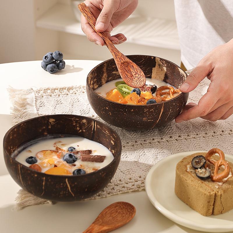 Natural Coconut Bowl Set Wooden Salad Ramen Bowl Coconut Wood Spoon Set Coco Smoothie Kitchen Tableware Coconut Bowl