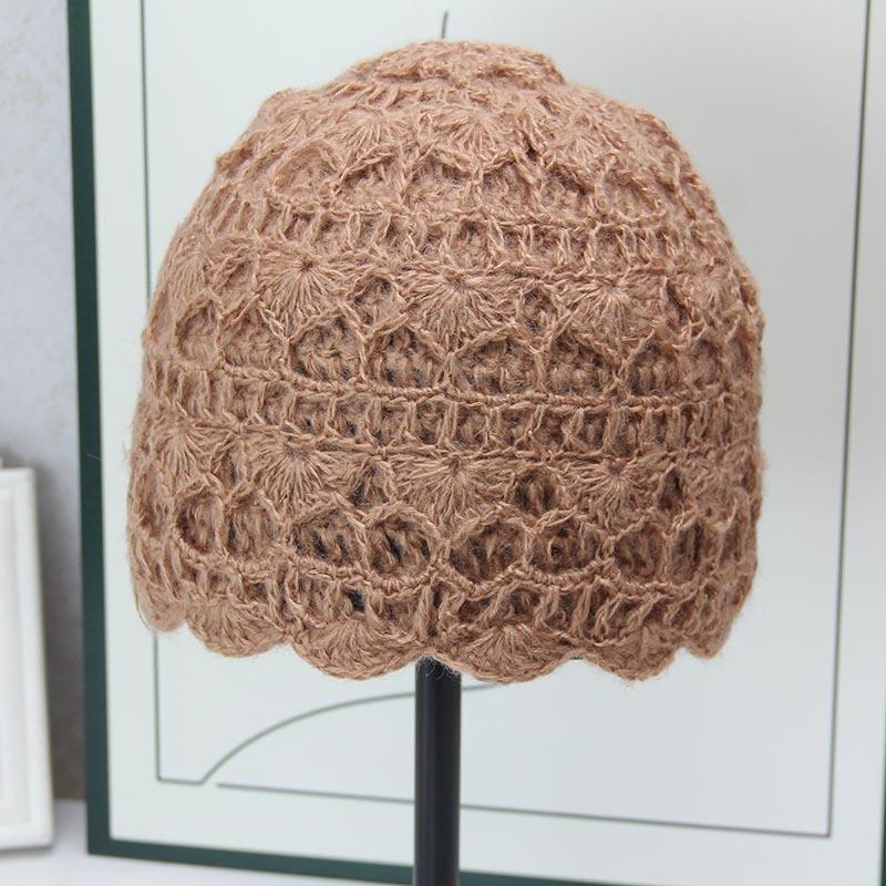 Handmade crochet knitted hat women's autumn and winter hollow flower bag head hat literary and retro wool hat double-layer casual cold hat