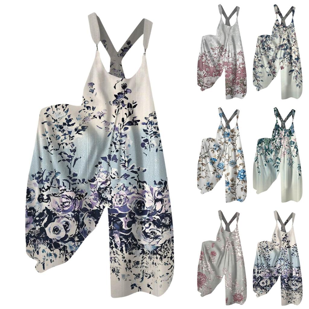 Wide Leg Overalls For Women Casual Loose Sleeveless Jumpsuits Retro Print Metal Button Long Pant Romper Jumpsuit With Pockets