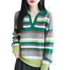Women's Retro Striped Cashmere Wool Polo Sweater - Soft Long Sleeve Knitwear