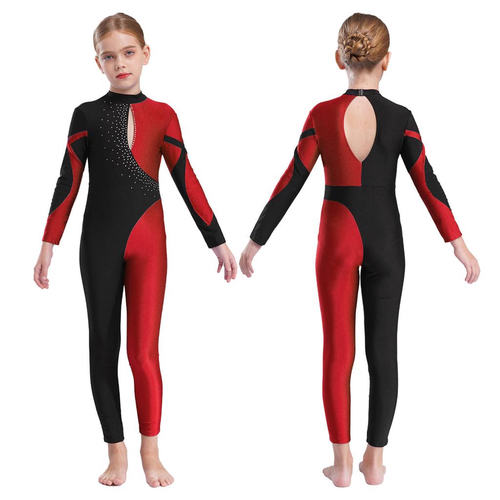 Rhythmic Gymnastics Jumpsuits Kids Shiny Rhinestone Ice Skating Bodysuit Girls Long Sleeve Ballet Dance Full Body Leotards Unitards Stage Wear