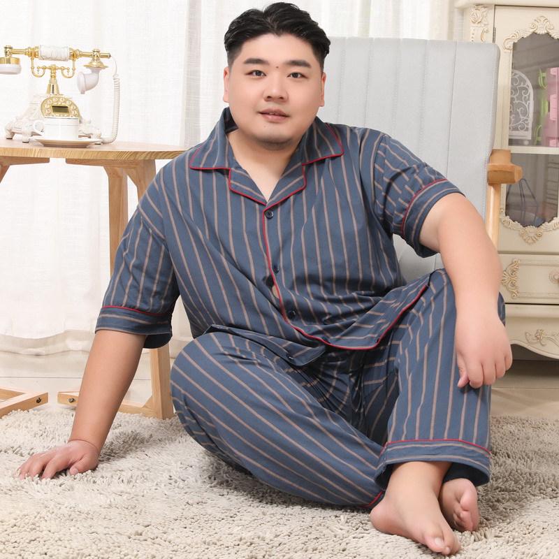 Мужской хлопковый пижамный комплект Mei Ji Yun с лацканами - Короткий рукав, Длинные брюки, Большой размер