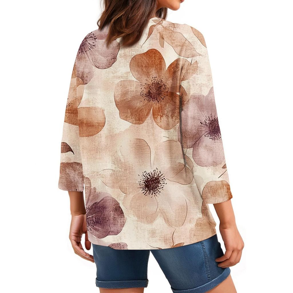 Женские топы, рубашка с рукавом три четверти, свободная повседневная рубашка с V-образным вырезом, футболка с цветочным принтом