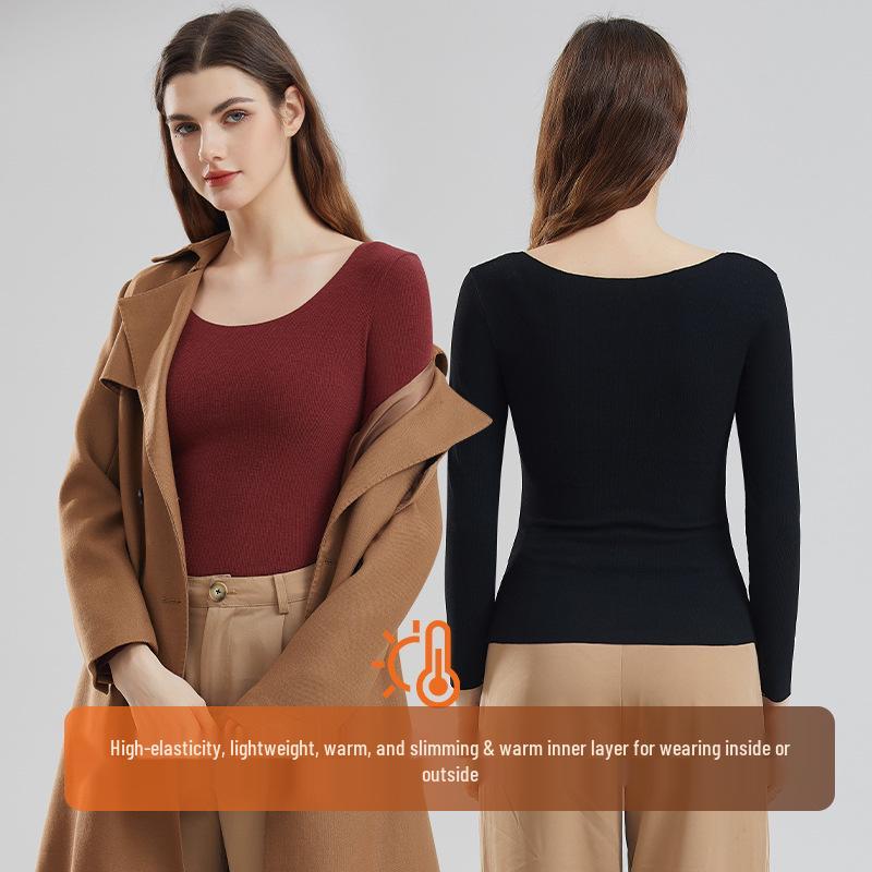 Seamless Women's U-Neck Long Sleeve Base Layer - High Elastic, Skin-Friendly, Slimming Warm Innerwear for Autumn & Winter