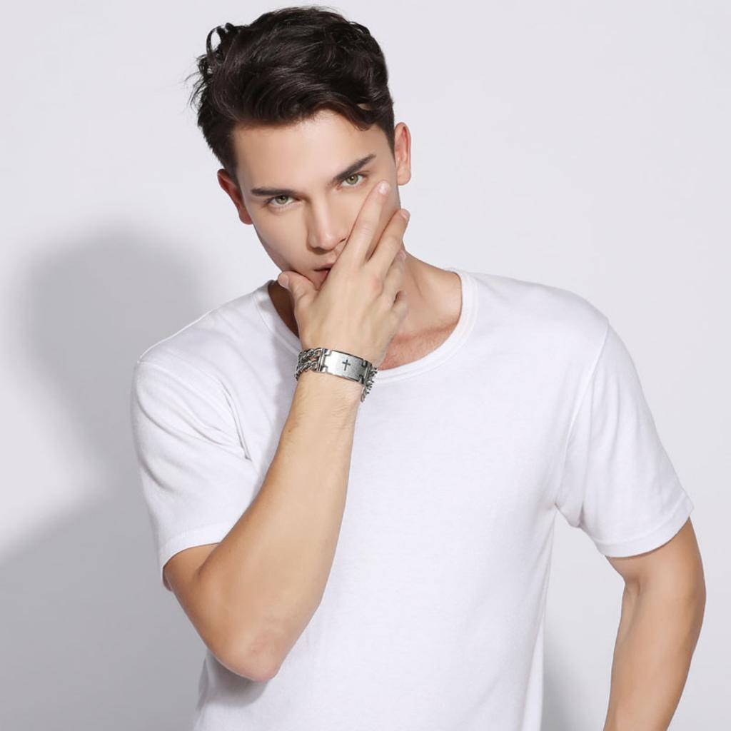 Christian Cross Scripture Engraved Titanium Steel Braided Chain Bracelet Bangle Classic Religious Amulet Jewelry for Men Cool