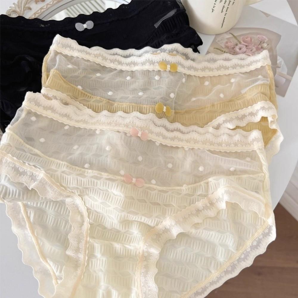 Mid Waist Underwear for Women Bow Mesh Briefs Summer Lace Seamless Panties Female