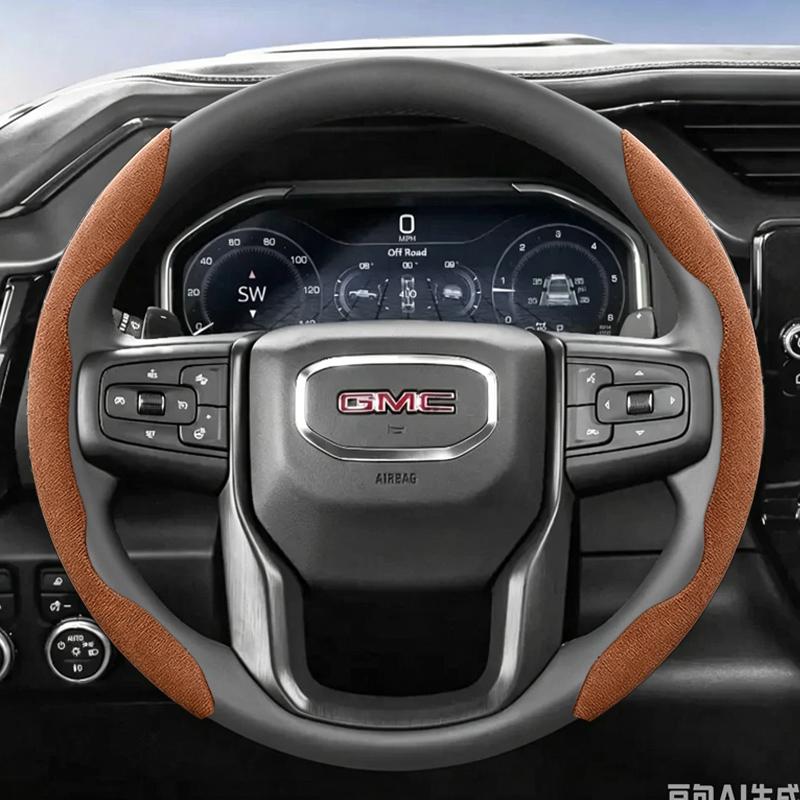 Breathable Perforated Leather Steering Wheel Cover for Gmc, Segmented Quick-Release Design, Non-Slip and Durable
