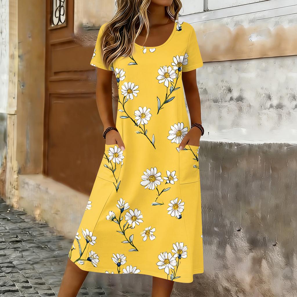 Women’s Short Sleeve Midi Dress with Maple Leaf Print Relaxed Fit Crew Neck Casual Pockets Soft Fabric Comfortable Wear