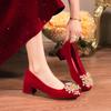 Fashion Luxury Women's Heels Sexy Red Square with Rhinestone Wedding Shoes Office Party Pump Designer Fashion Single Shoes