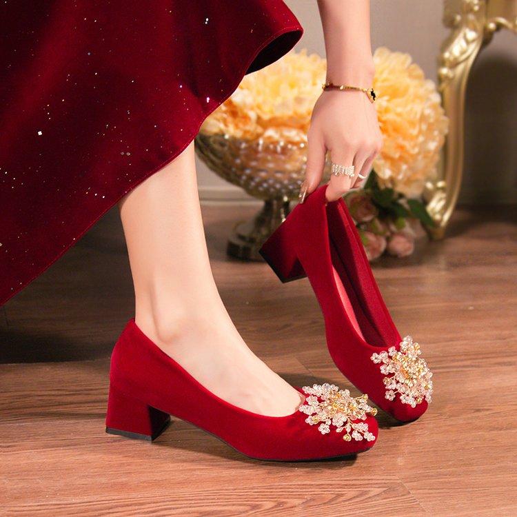 Fashion Luxury Women's Heels Sexy Red Square with Rhinestone Wedding Shoes Office Party Pump Designer Fashion Single Shoes