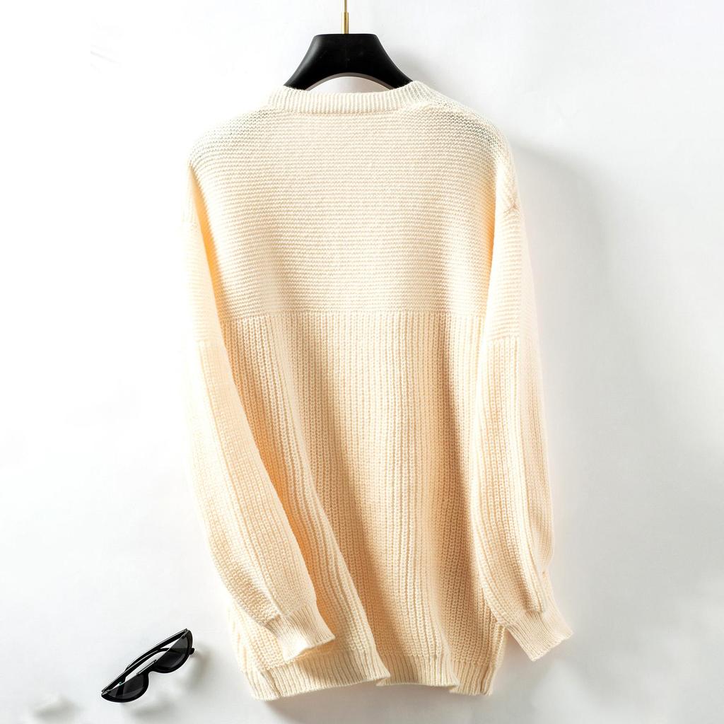Autumn Winter Vintage Loose Long Sleeve Top Solid Color Cardigan Knitwear V-Neck Sweater