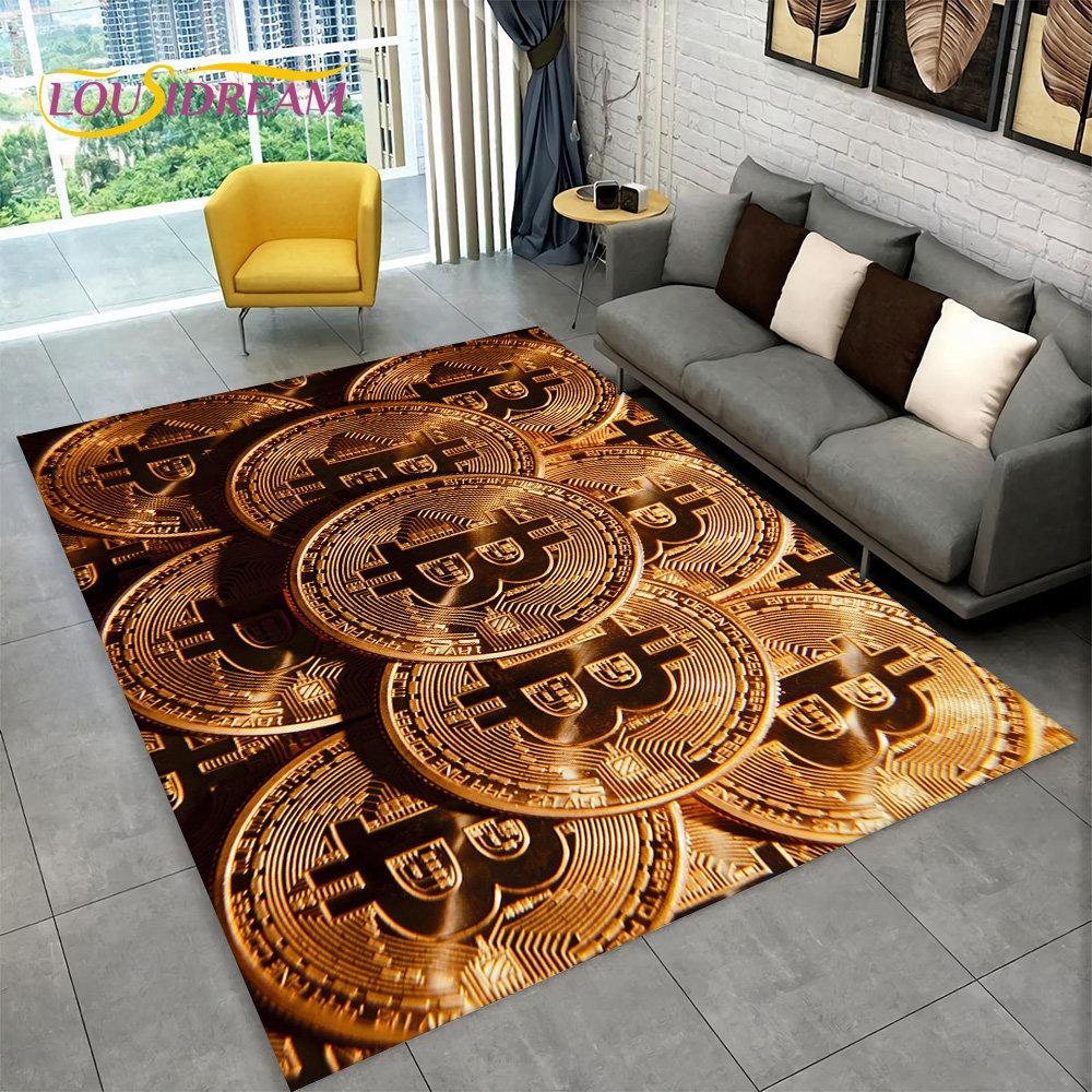 3D Bitcoin Virtual Currency Area Rug Large Carpet Rug for Living Room Bedroom Sofa Playroom Doormat Decor Kid Non-slip Floor Mat