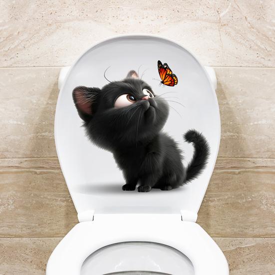 Black Cat Butterfly Toilet Sticker Waterproof Removable Self-adhesive PVC Living Room Bathroom Wall