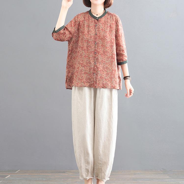 Тонкий печатный литературный ретро-модный модный летний костюм из двух частей Ramie для женщин
