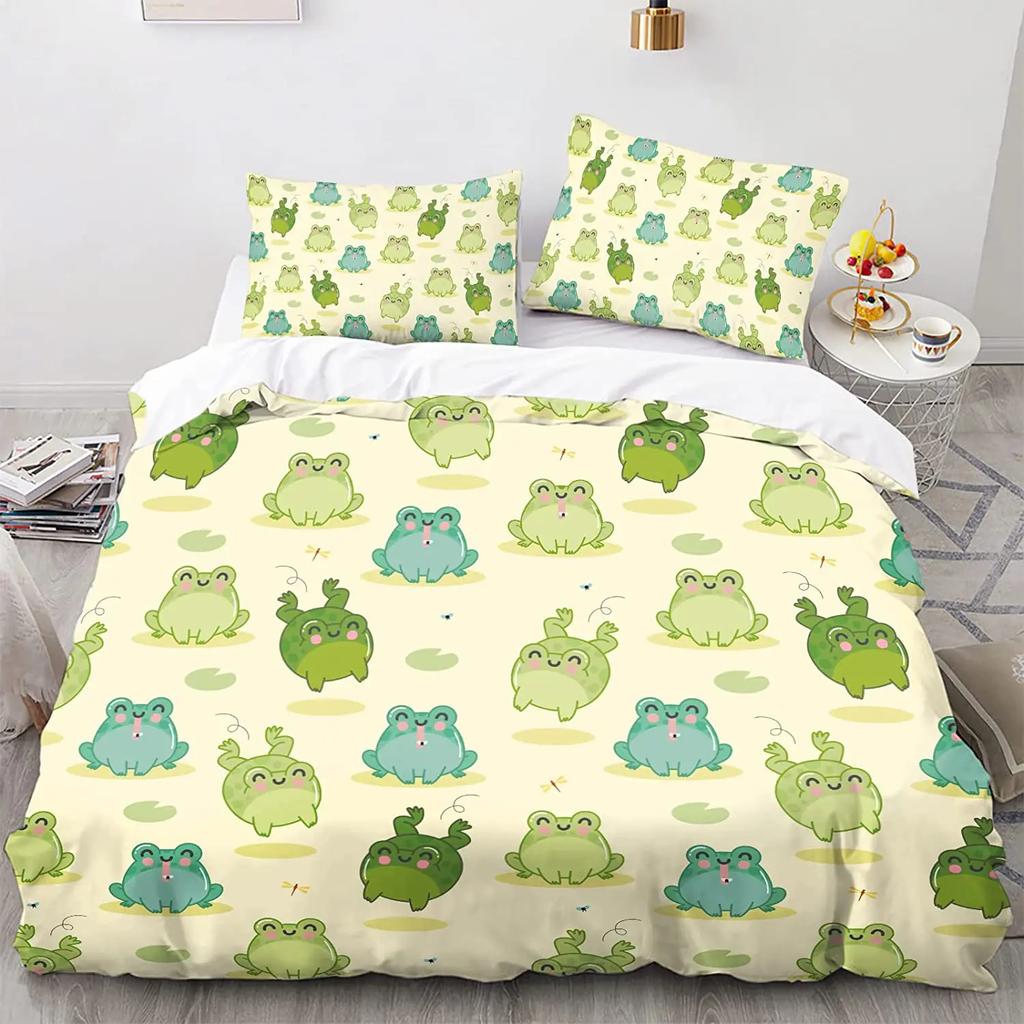 Комплект пододеяльников с изображением лягушки, милый мультяшный узор лягушки Kawaii, размер King Queen, полиэстер, чехол с наволочкой для детей и девочек