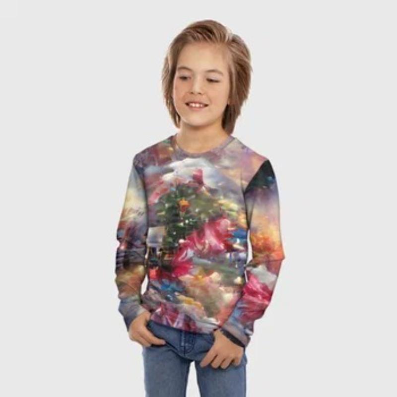 Children's Tie Dye Cartoon Kitten Print T-shirt Boys Cute Long Sleeved Soft Comfortable Top
