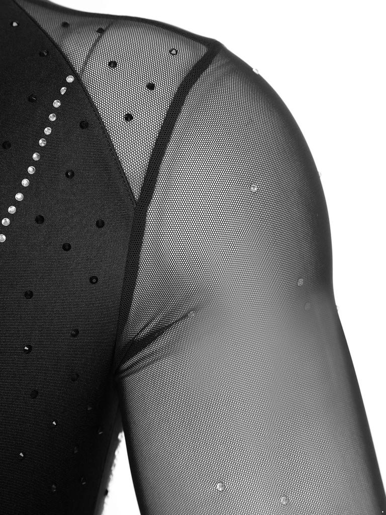 Mens Latin Dance Leotard Lapel Collar Sheer Mesh Patchwork Long Sleeve Sparkly Rhinestone Bodysuit Tango Costume