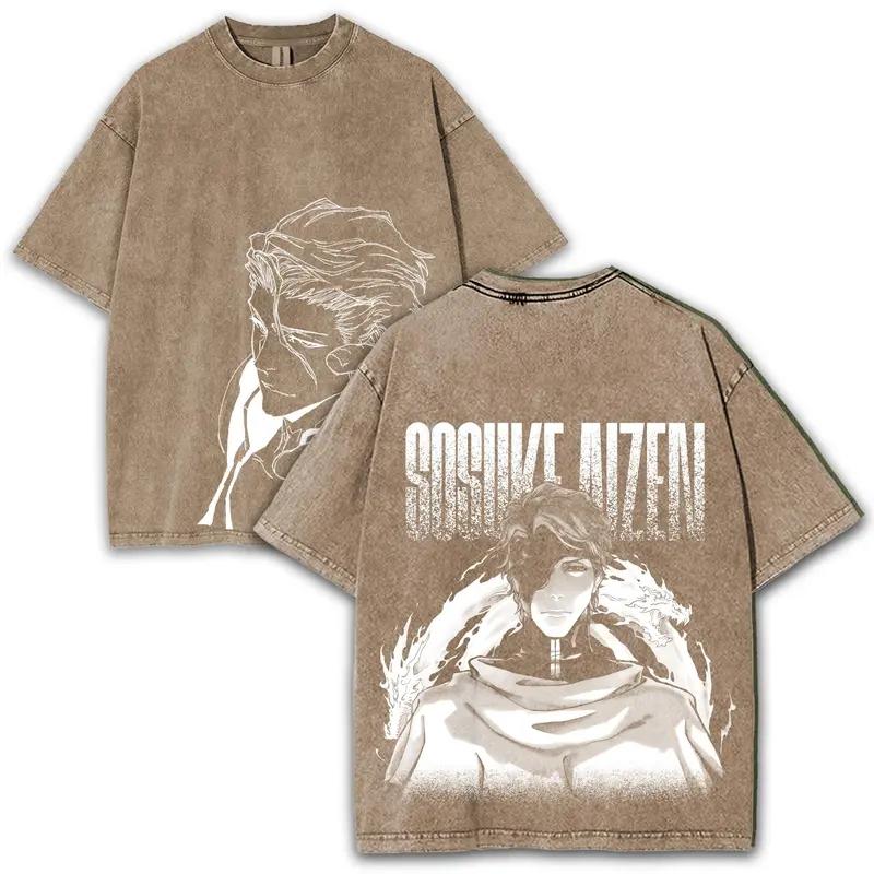 BLEACH Aizen Sousuke Printed Tee Men Women Retro Washed T-shirts Oversized Cotton T Shirt Short Sleeve Clothing Harajuku Tshirt