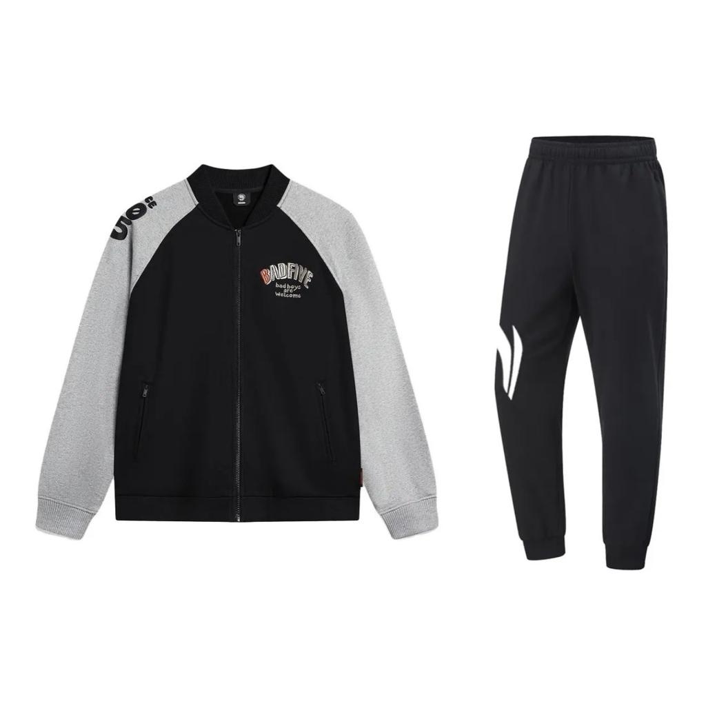 Li-Ning Ретро Цветной Блок Вышитая Куртка с Воротником-стойкой и Длинным Рукавом Свободная Удобная Универсальная Длинные Брюки Повседневный Спортивный Костюм AJDT625-3+YKLU341-1