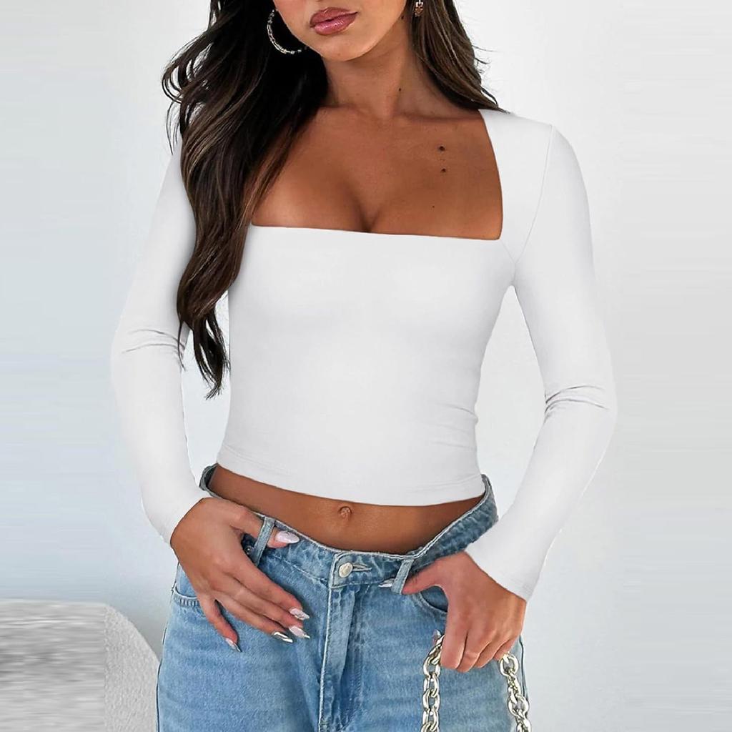Женская мода с длинным рукавом сплошной цвет Тонкая рубашка с квадратным вырезом Футболка Топ