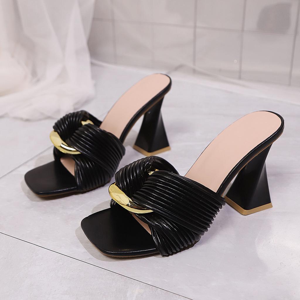 2025 summer new one-word with metal buckle thick heel cool slippers women's square head open-toed high-heeled fashion slippers foreign trade