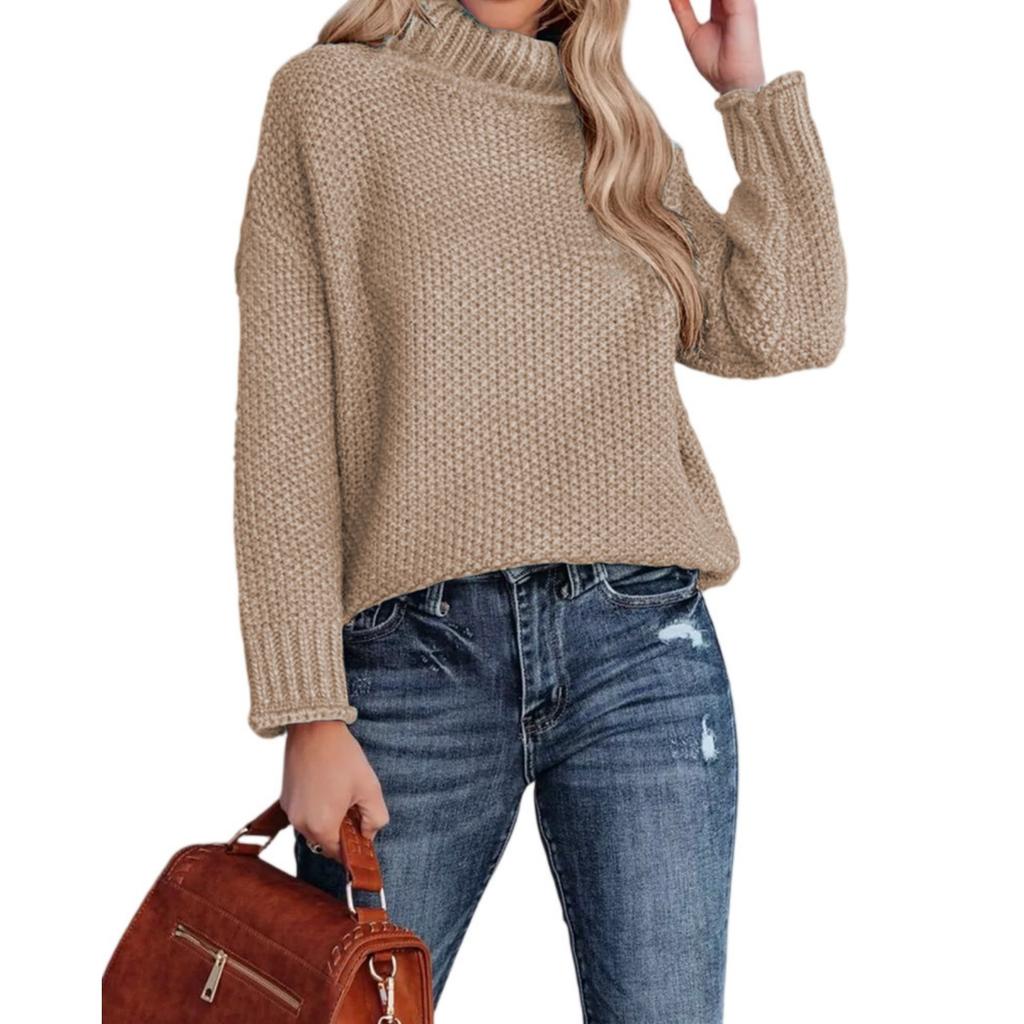 Модный женский вязаный свитер с высоким воротником, длинными рукавами и подвернутым краем