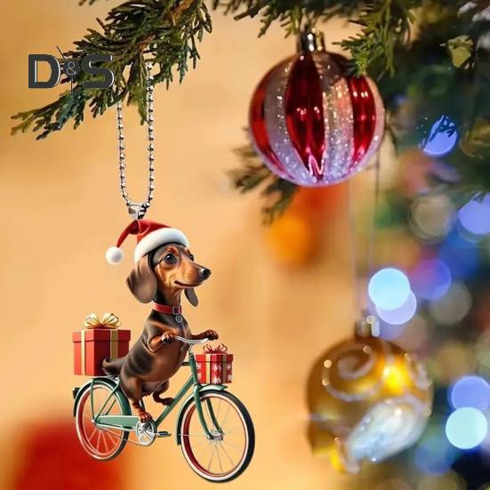 Украшения для рождественской елки, реалистичный щенок, едущий на велосипеде, подвеска, 2D, плоская, с двойной печатью, акриловое подвесное украшение для елки, домашний декор