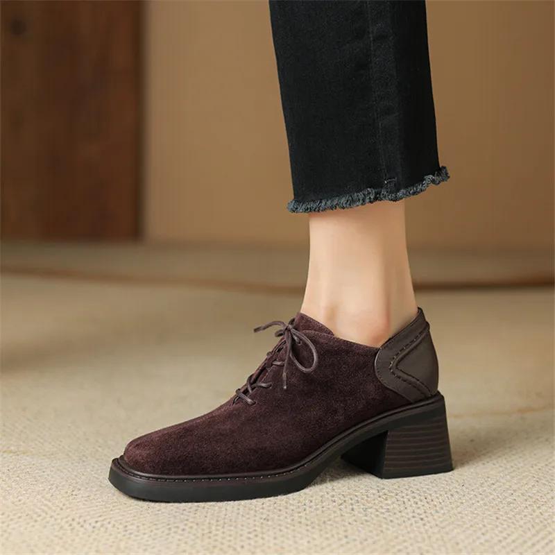 Модные Новые Весенне-Осенние Замшевые Лоферы на Шнуровке для Женщин, Квадратный Носок, Массивный Каблук, Удобные Женские Туфли-Лодочки, Женская Обувь на Высоком Каблуке