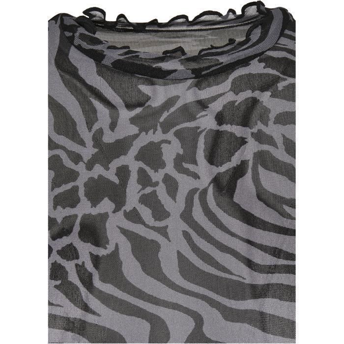 T-shirt Femme - Urban Classics - AOP Mesh Turtleneck Longsleeve - Gris/Noir - Manches Longues - Col Montant