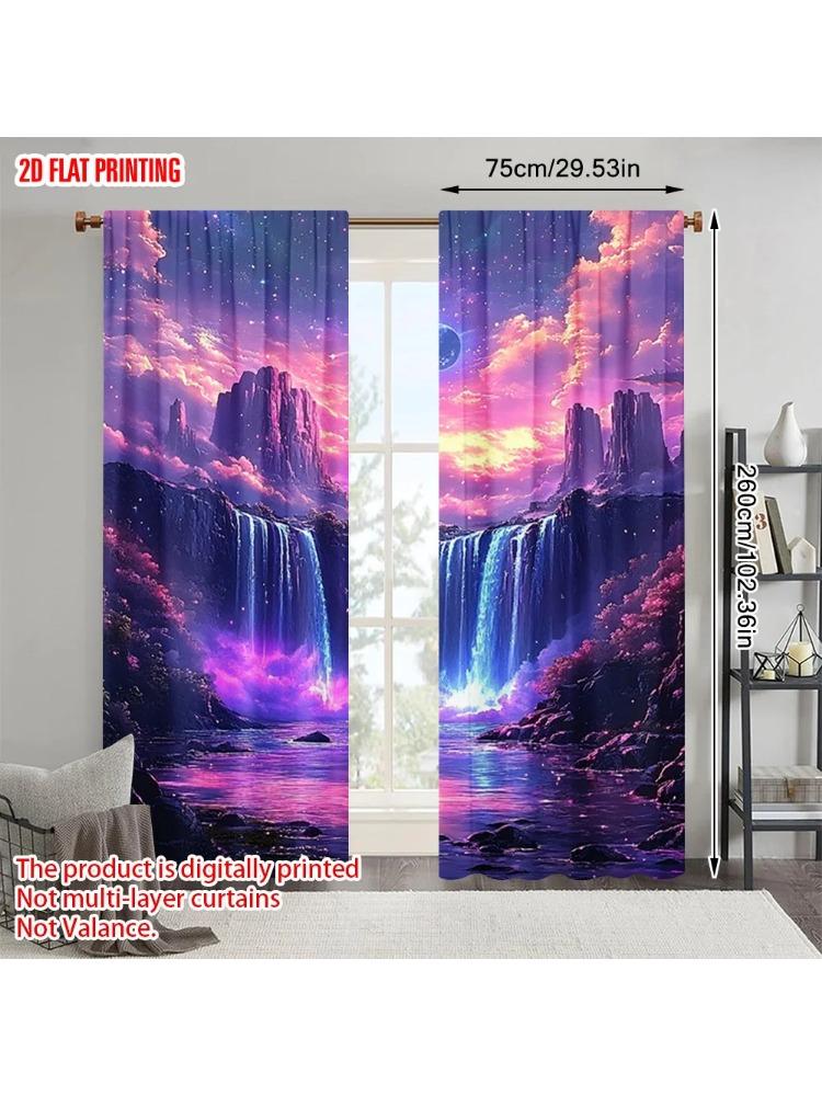2pcs, plane printing Window Curtain Fantasy Mountain Waterfall Durable 100% Polyester Fabric (without rod) Gifts Perfect for