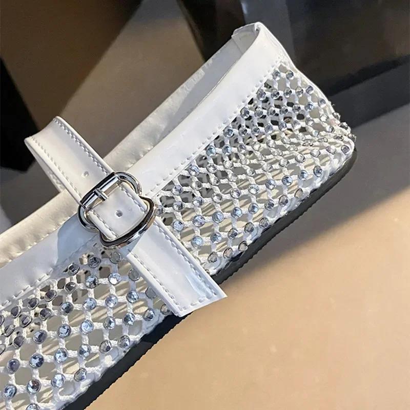 Fashion Summer Mesh Hollow Design Flat Shoes Women Luxury Rhinestone Decorated Mary Jane Shoes for Women Light Breathable Beach Sandals