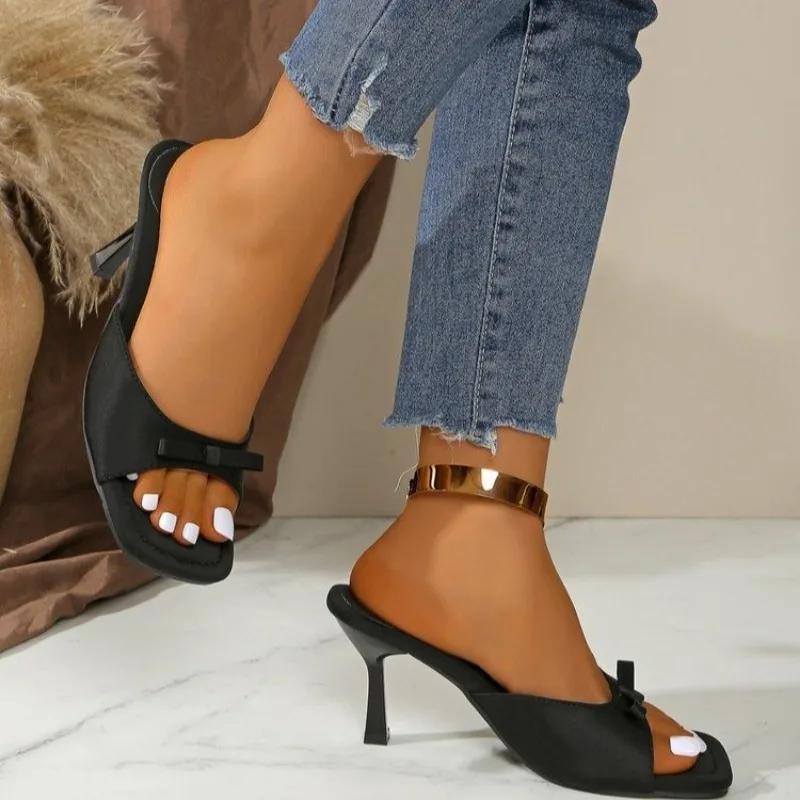 2025 Лето Новые Однотонные Сланцы с Квадратным Носком Элегантные Современные Платьевые Босоножки Женские с Бантом-бабочкой Тонкий Каблук Шлепанцы