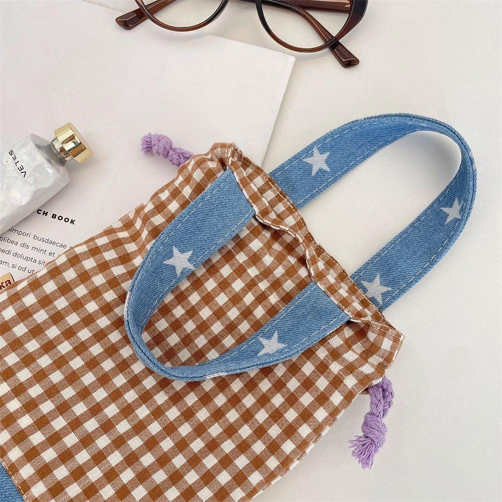 Outdoor Drawstring Canvas Cup Bag Grid Small Storage Bag Fashionable Water Bottle Cover  Outdoor